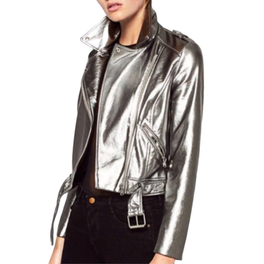 Zara Trafaluc Outerwear Silver Faux Leather Biker Moto Jacket SZ/ M NWT